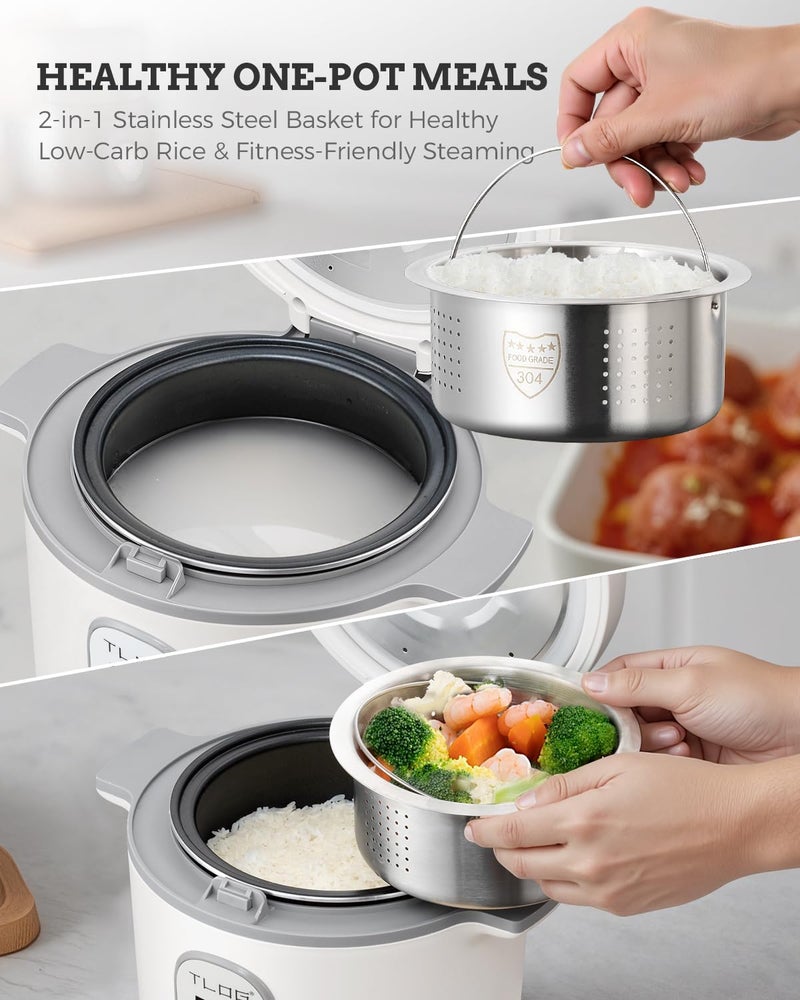 TLOG Low Carb Rice Cooker 2L(8 Cups Cooked), Low Sugar Healthy Rice Maker with 304 Stainless Steel Steamer Basket, 5 Cooking Presets, 24H Timer & Keep Warm Function - Image 3